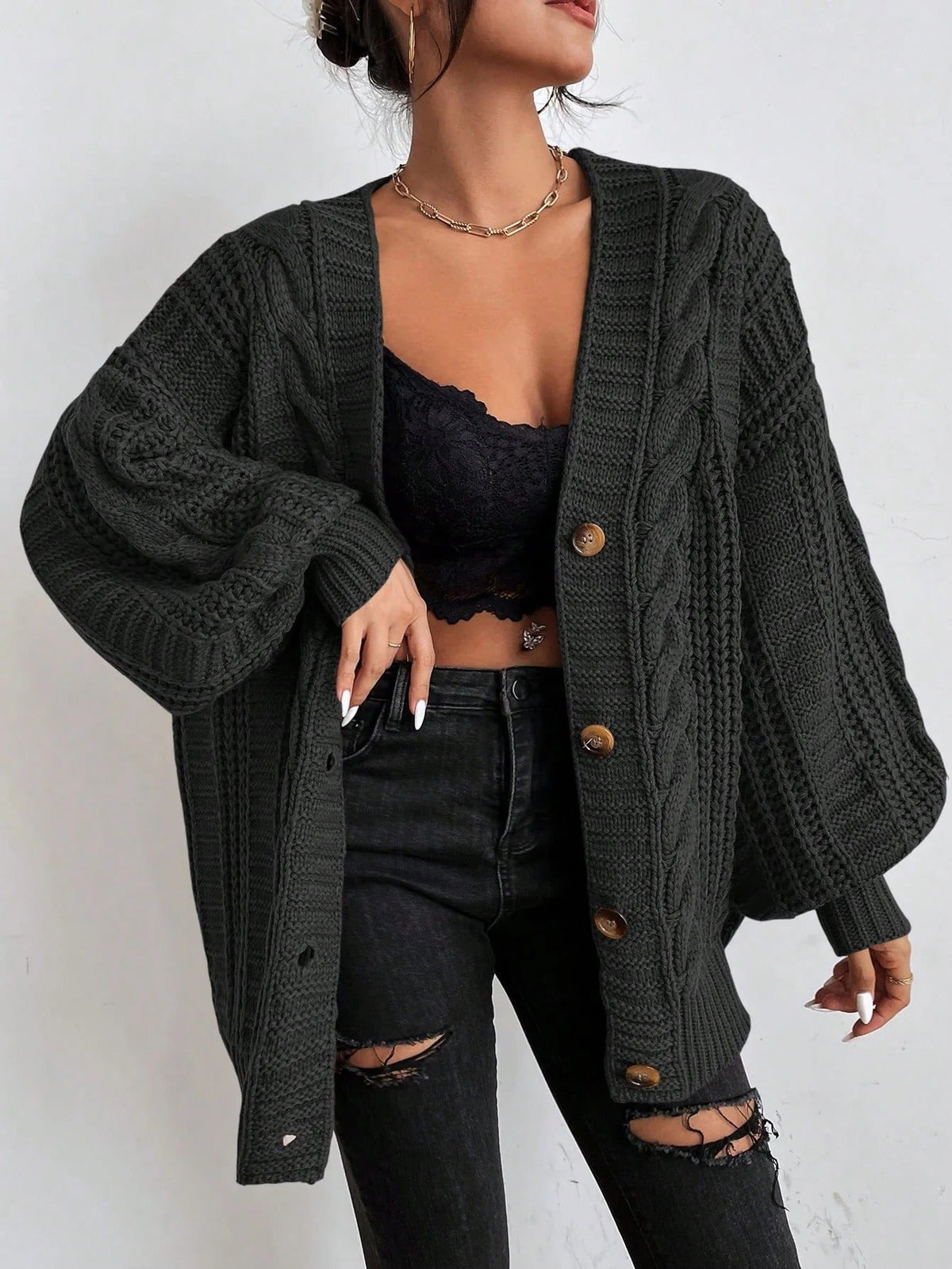 Kabelgebreid vest dames oversized met knoopsluiting 4
