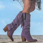 Kniehoge westernlaarzen dames met franjes en blokhak 2