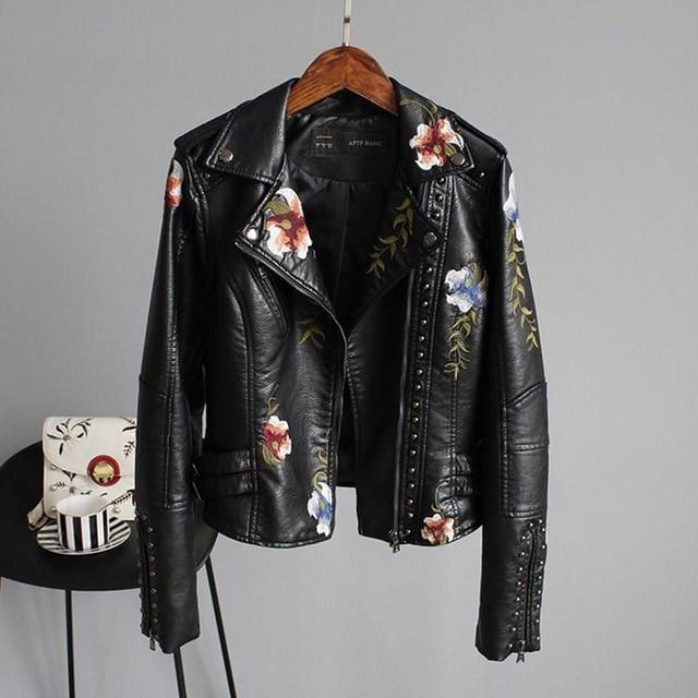 Kort imitatieleren jasje dames met bloemenprint en lange mouwen 1
