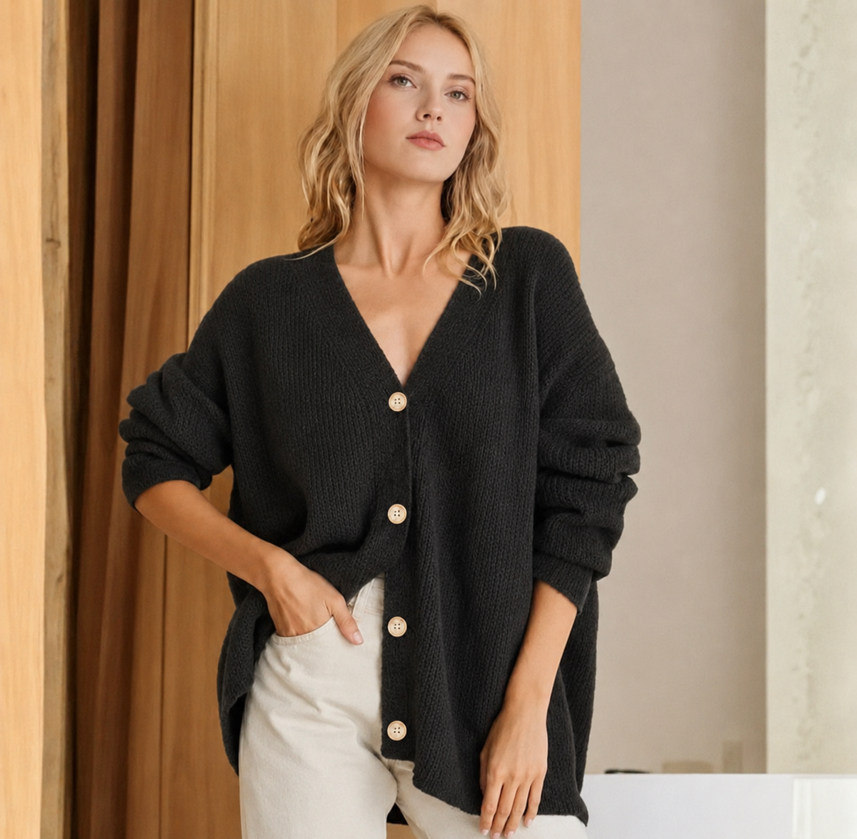 Lang gebreid vest dames oversized met ribstructuur en knoopsluiting 3