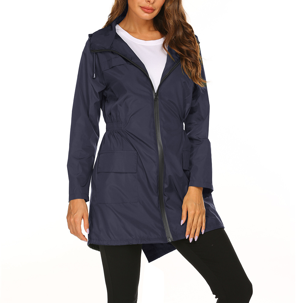 Lange regenjas dames waterafstotend met capuchon en elastische taille 1
