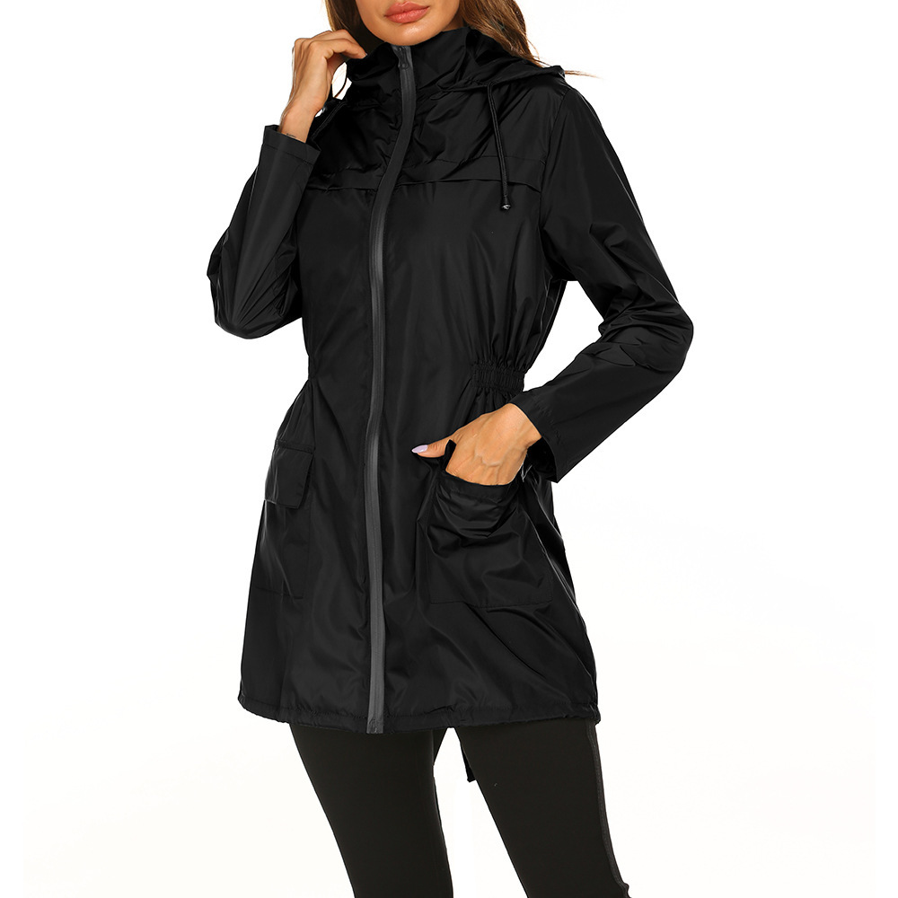 Lange regenjas dames waterafstotend met capuchon en elastische taille 2