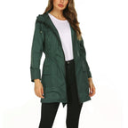 Lange regenjas dames waterafstotend met capuchon en elastische taille 3