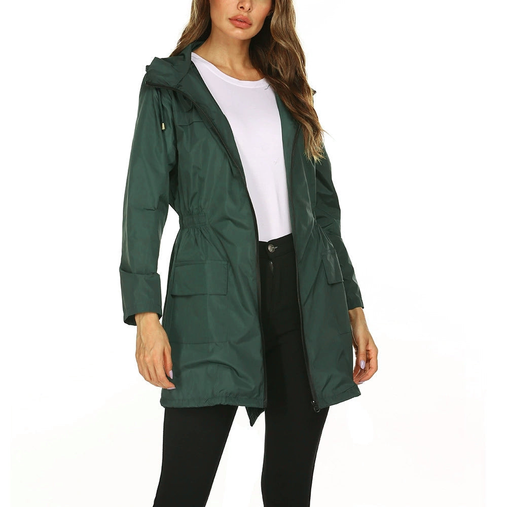 Lange regenjas dames waterafstotend met capuchon en elastische taille 3