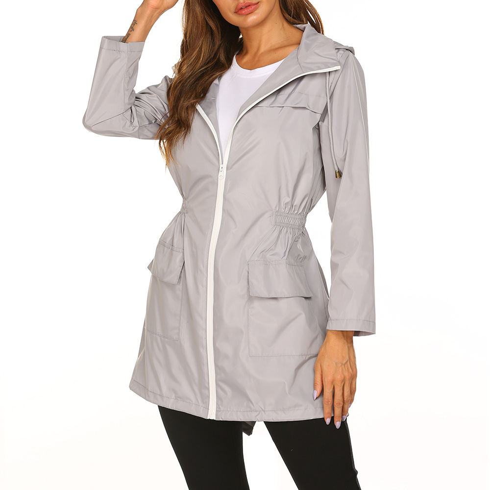Lange regenjas dames waterafstotend met capuchon en elastische taille 4