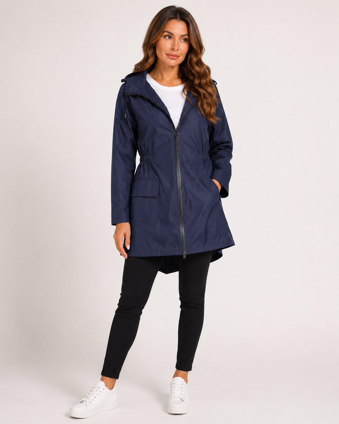 Lange regenjas dames waterafstotend met capuchon en elastische taille 5