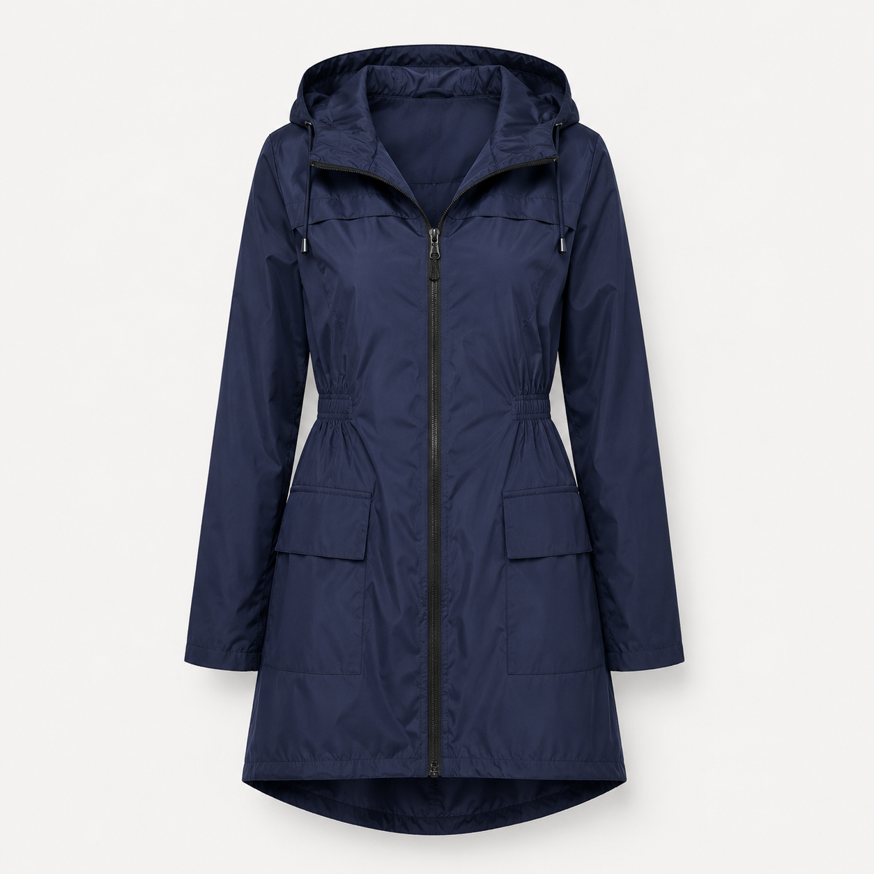 Lange regenjas dames waterafstotend met capuchon en elastische taille 6