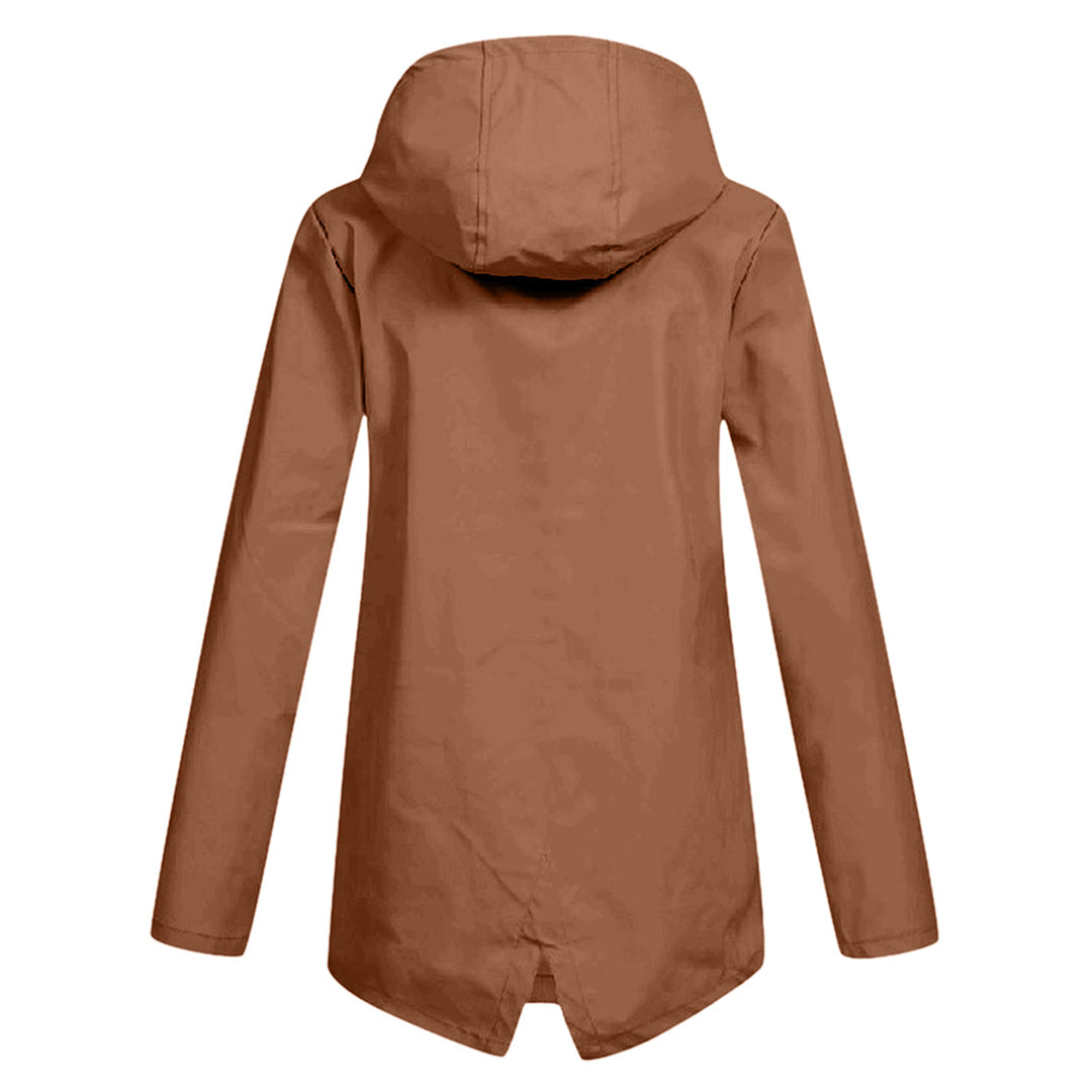 Lange regenjas dames waterdicht met capuchon, rits en klepzakken 12