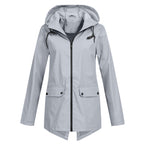 Lange regenjas dames waterdicht met capuchon, rits en klepzakken 3