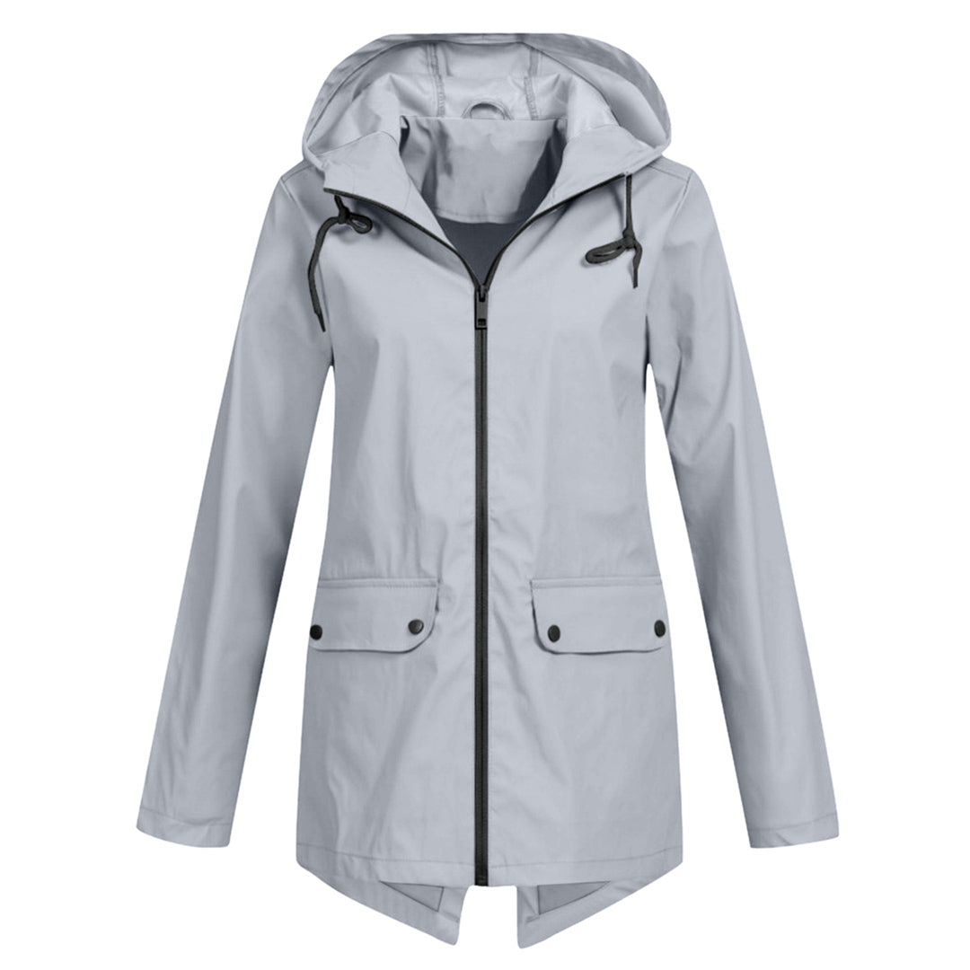 Lange regenjas dames waterdicht met capuchon, rits en klepzakken 3