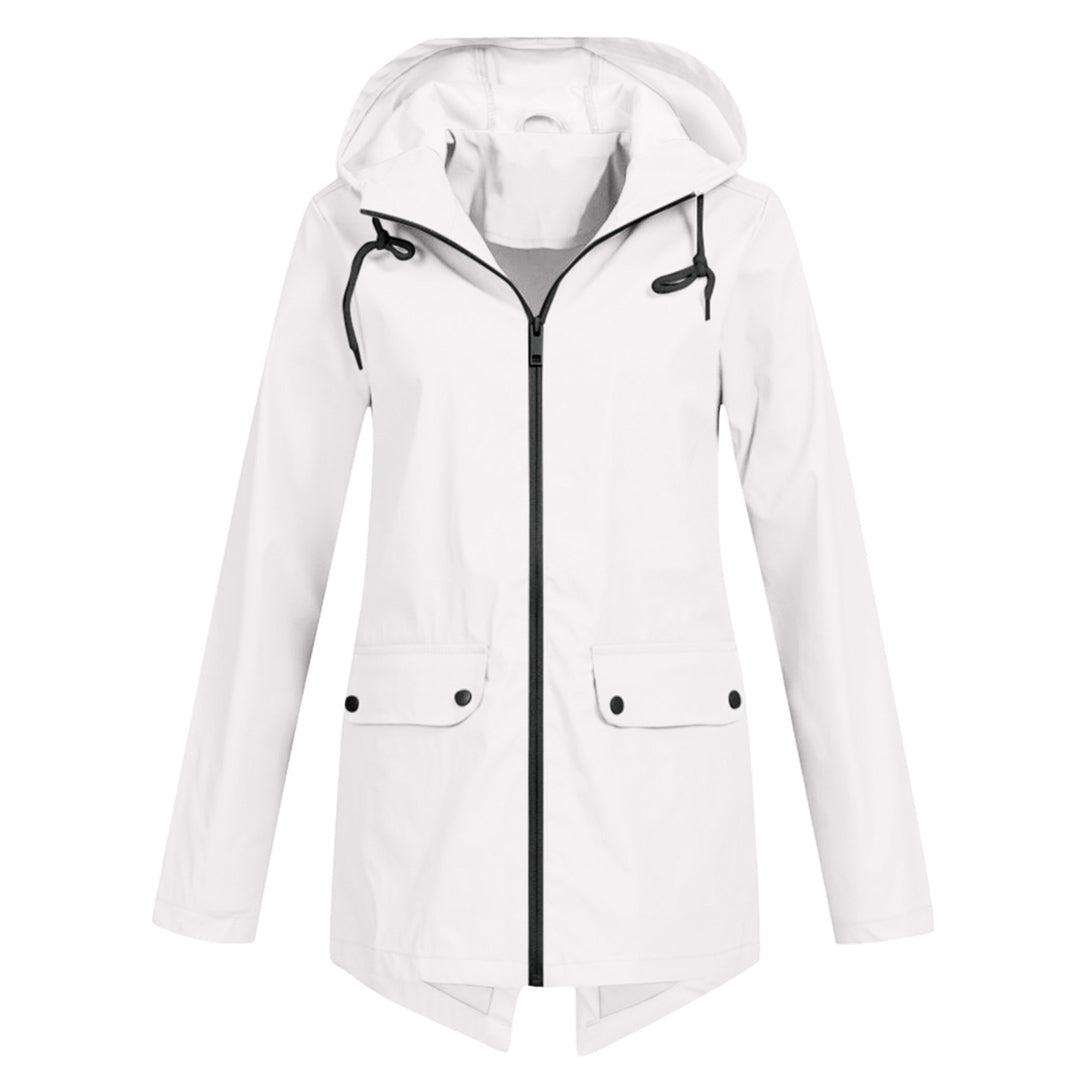 Lange regenjas dames waterdicht met capuchon, rits en klepzakken 4
