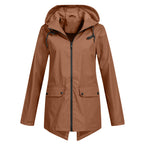 Lange regenjas dames waterdicht met capuchon, rits en klepzakken 5