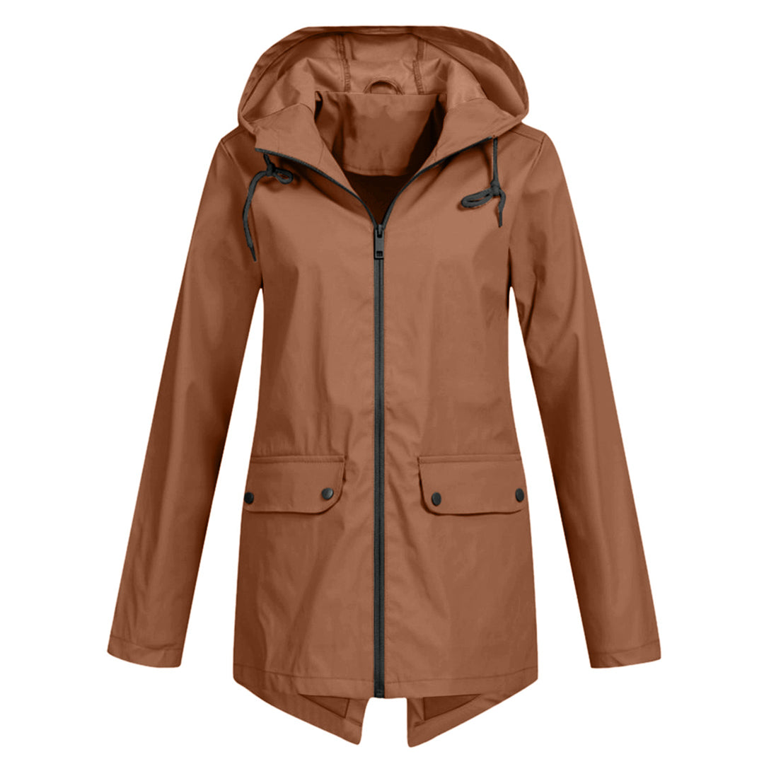 Lange regenjas dames waterdicht met capuchon, rits en klepzakken 5
