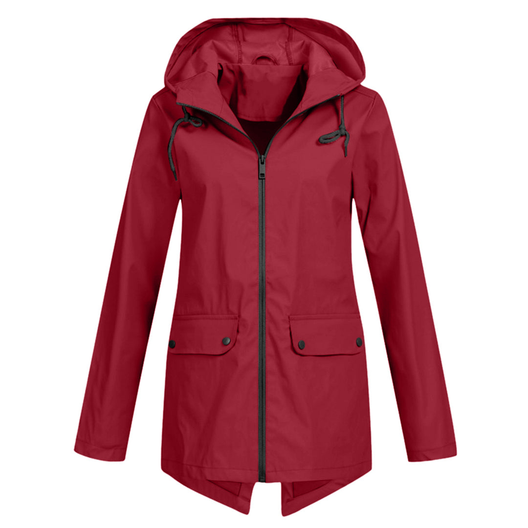 Lange regenjas dames waterdicht met capuchon, rits en klepzakken 6