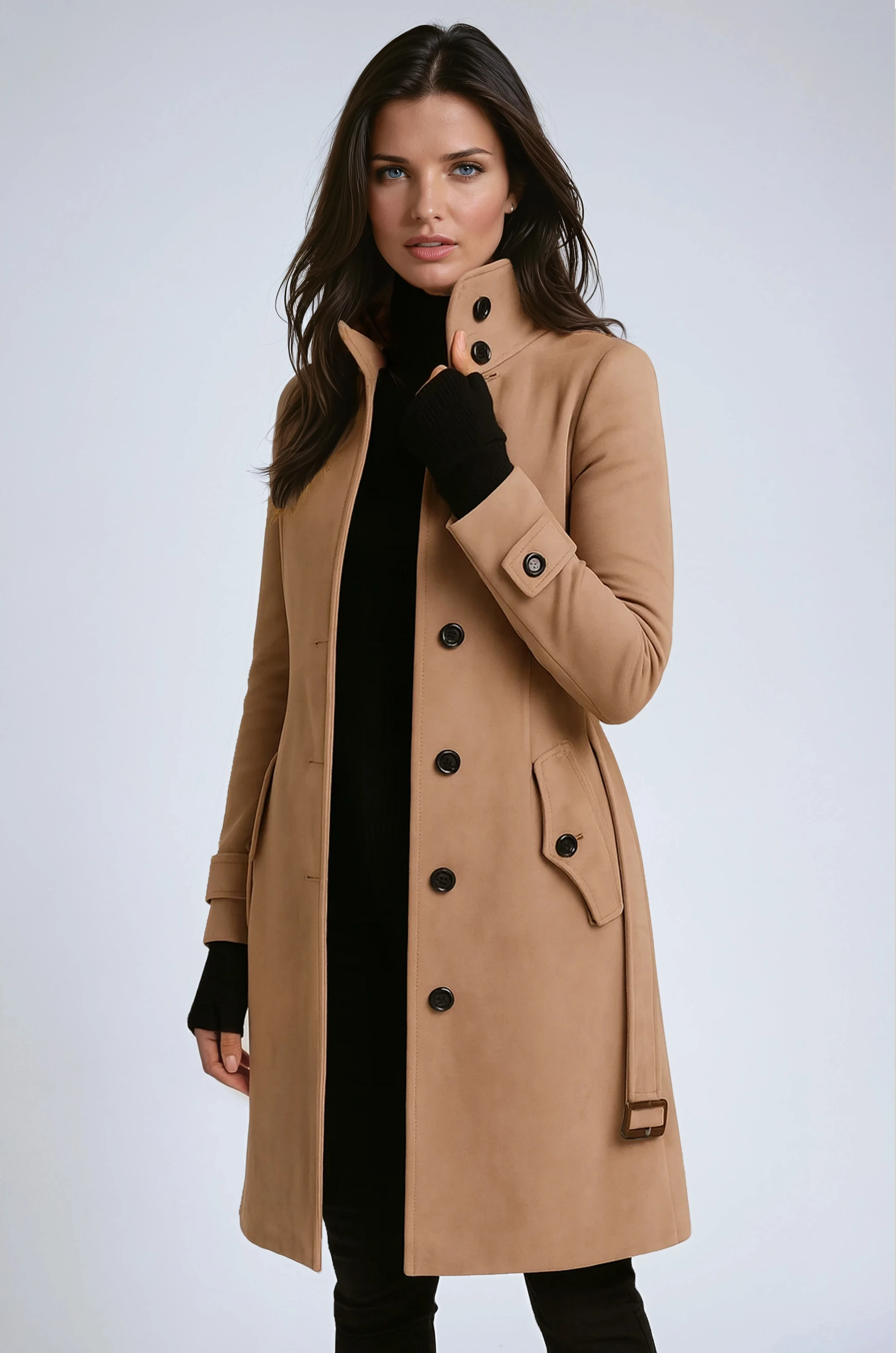 Lange trenchcoat dames met knoopsluiting en zakken 1