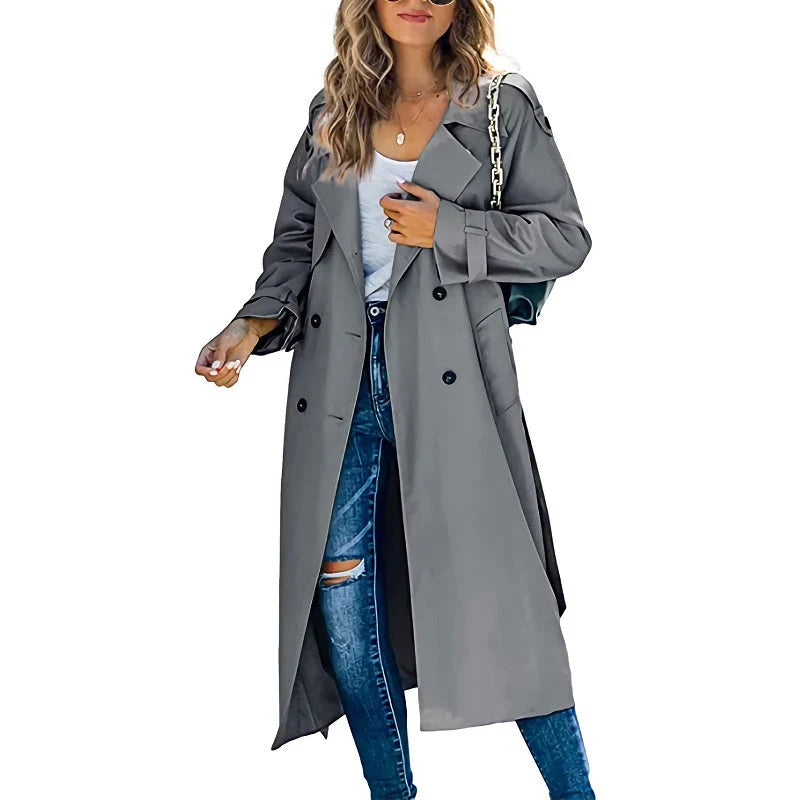 Lange trenchcoat dames met verstelbare ceintuur en dubbele knooprij 3
