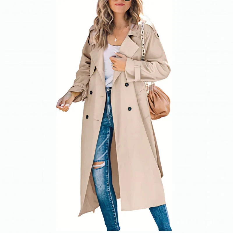 Lange trenchcoat dames met verstelbare ceintuur en dubbele knooprij 4