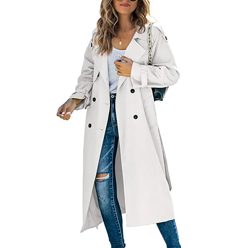 Lange trenchcoat dames met verstelbare ceintuur en dubbele knooprij 6