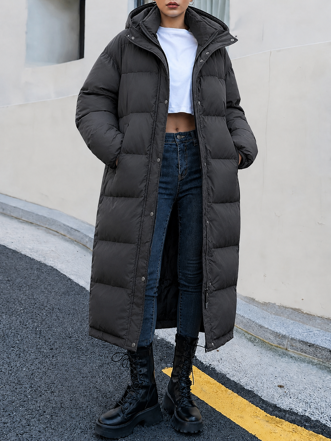 Lange winterjas dames maxi gewatteerd met capuchon 1
