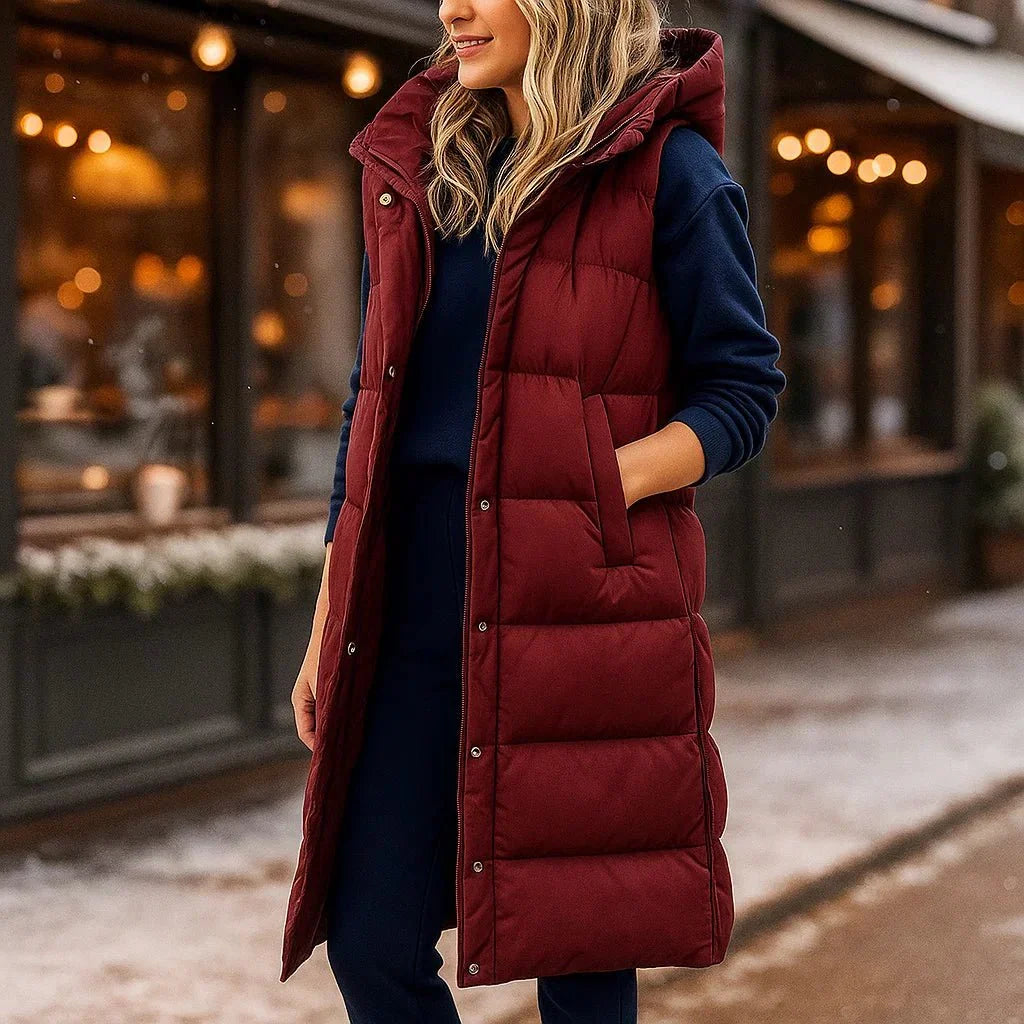 Lange winterjas dames met capuchon en gewatteerd ontwerp 1