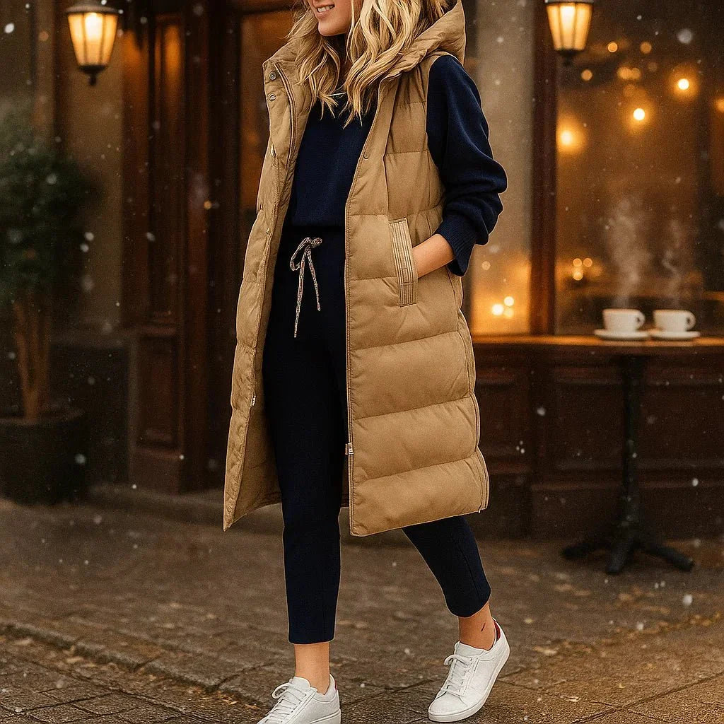 Lange winterjas dames met capuchon en gewatteerd ontwerp 3