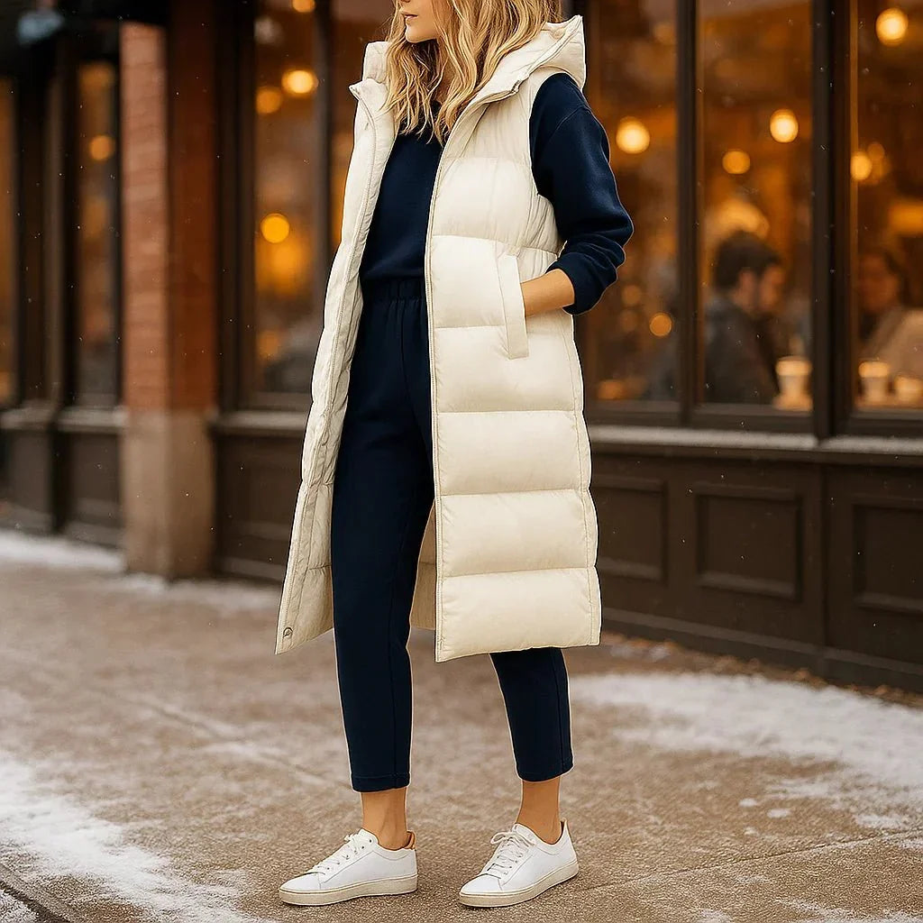 Lange winterjas dames met capuchon en gewatteerd ontwerp 4