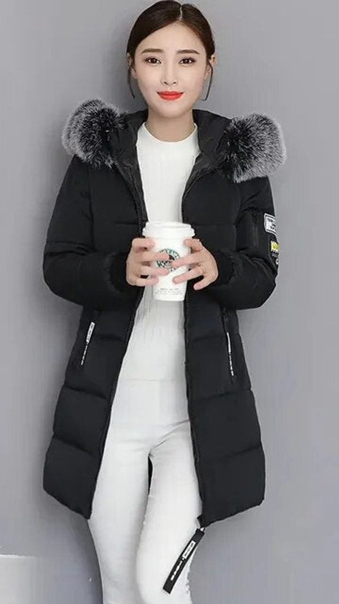 Lange winterjas dames parka gewatteerd met bontkraag en capuchon 3