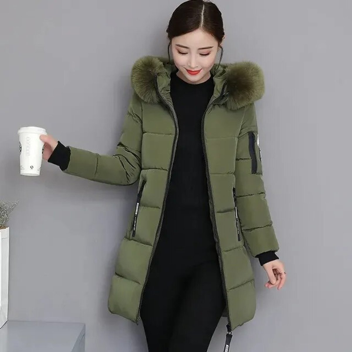 Lange winterjas dames parka gewatteerd met bontkraag en capuchon 6