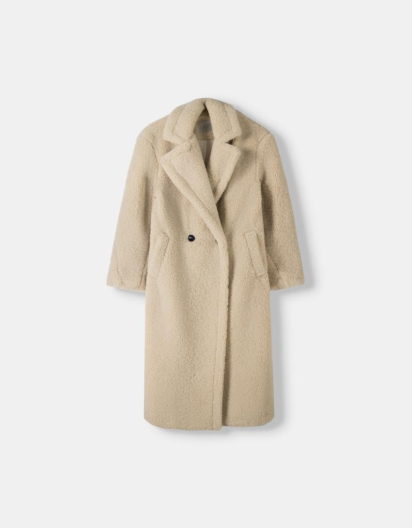 Lange winterjas dames teddy met revers en knoopsluiting 1
