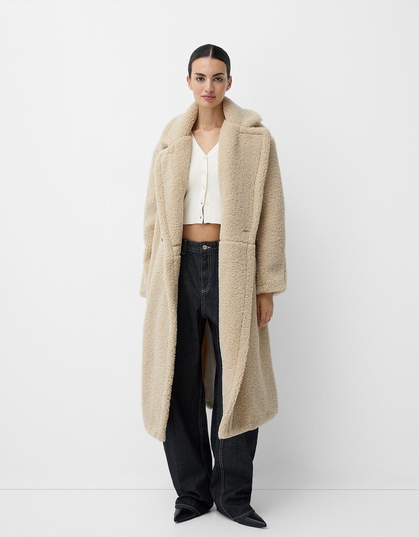 Lange winterjas dames teddy met revers en knoopsluiting 2