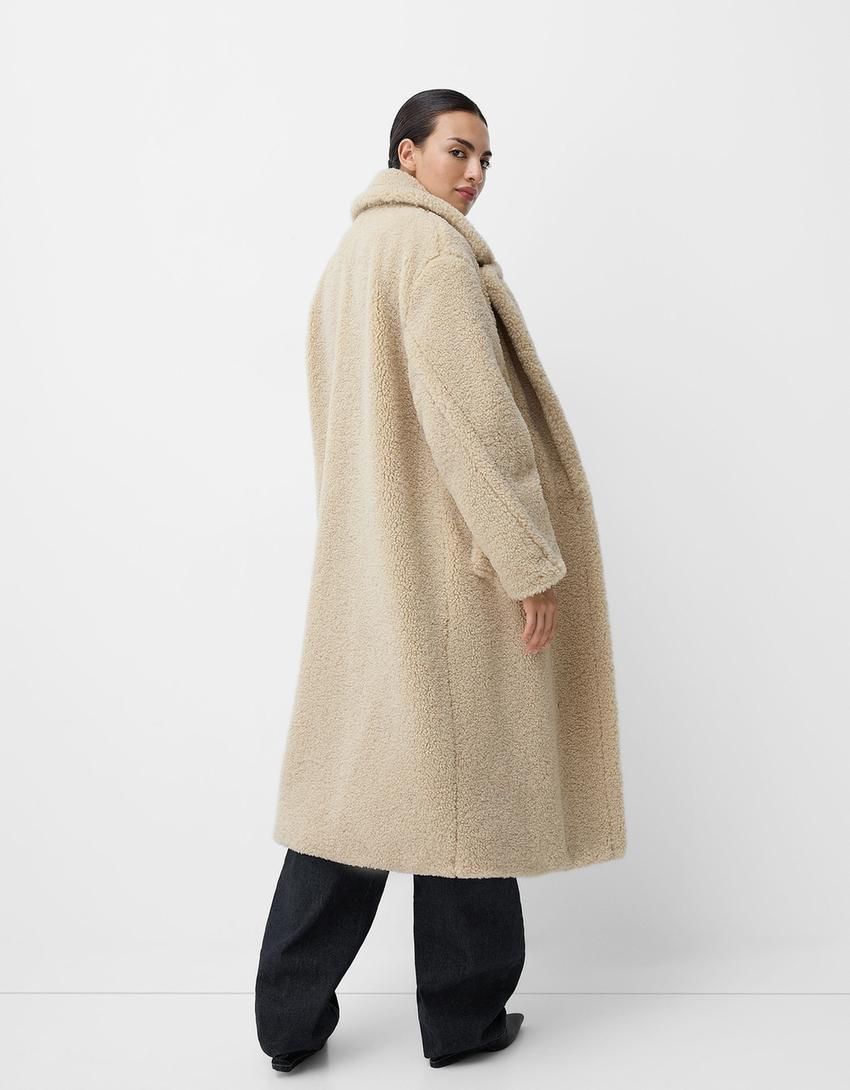 Lange winterjas dames teddy met revers en knoopsluiting 3