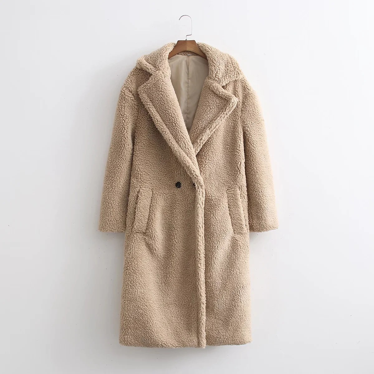Lange winterjas dames teddy met revers en knoopsluiting 6
