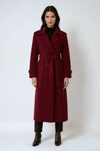 Lange wollen trenchcoat dames met ceintuur en dubbele knooprij 1