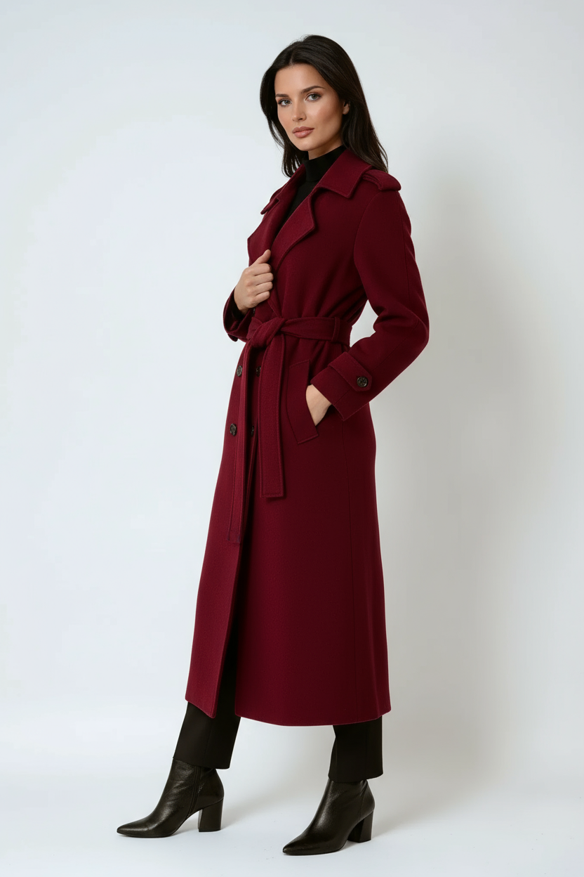 Lange wollen trenchcoat dames met ceintuur en dubbele knooprij 2