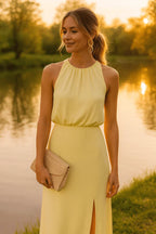 Mouwloze midi jurk dames met hoge hals en split
