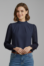 Longsleeve dames met geplooide hals en mouwen met structuur 3