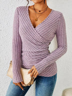 Longsleeve dames met overslag V-hals en geribde structuur 1
