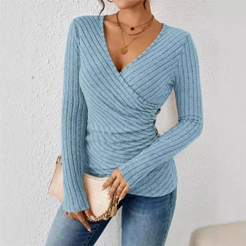Longsleeve dames met overslag V-hals en geribde structuur 4