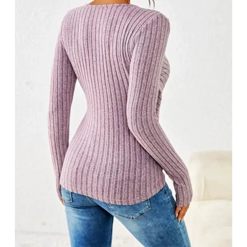 Longsleeve dames met overslag V-hals en geribde structuur 5
