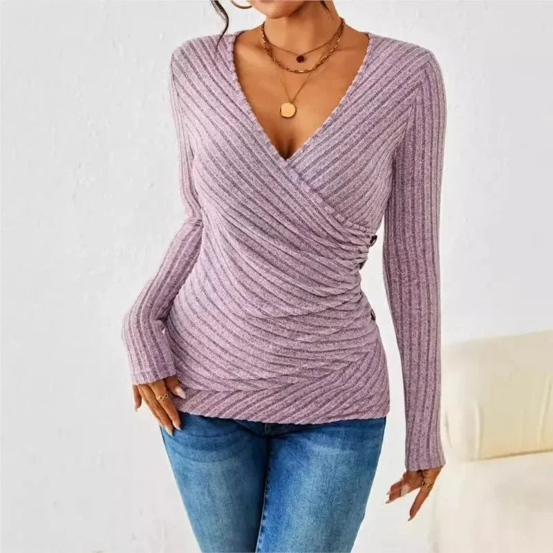 Longsleeve dames met overslag V-hals en geribde structuur 6