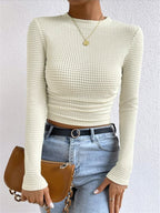 Longsleeve dames met ronde hals, wafelstructuur en cropped zoom 1
