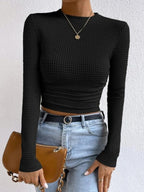 Longsleeve dames met ronde hals, wafelstructuur en cropped zoom 10