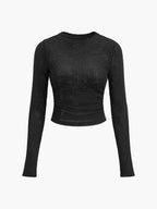 Longsleeve dames met ronde hals, wafelstructuur en cropped zoom 12