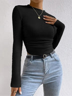 Longsleeve dames met ronde hals, wafelstructuur en cropped zoom 2