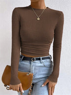 Longsleeve dames met ronde hals, wafelstructuur en cropped zoom 3