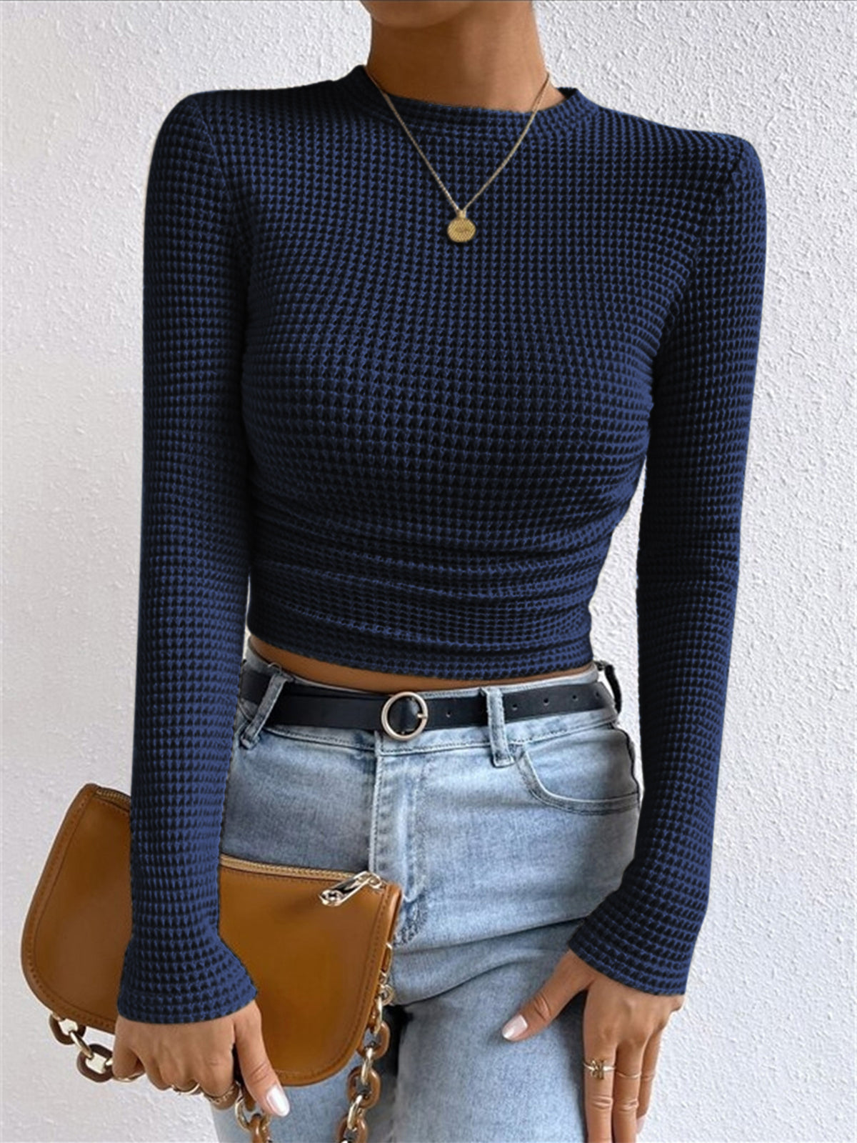 Longsleeve dames met ronde hals, wafelstructuur en cropped zoom 4