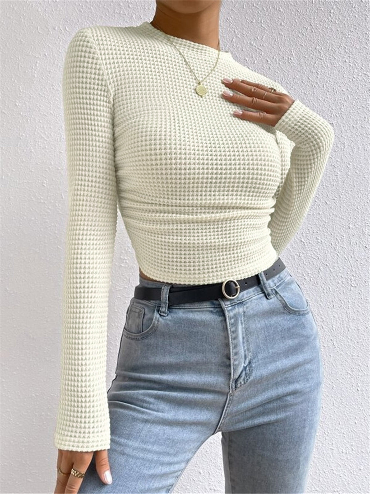 Longsleeve dames met ronde hals, wafelstructuur en cropped zoom 5