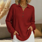 Longsleeve dames met V-hals, knoopdetail en wafelstructuur 2