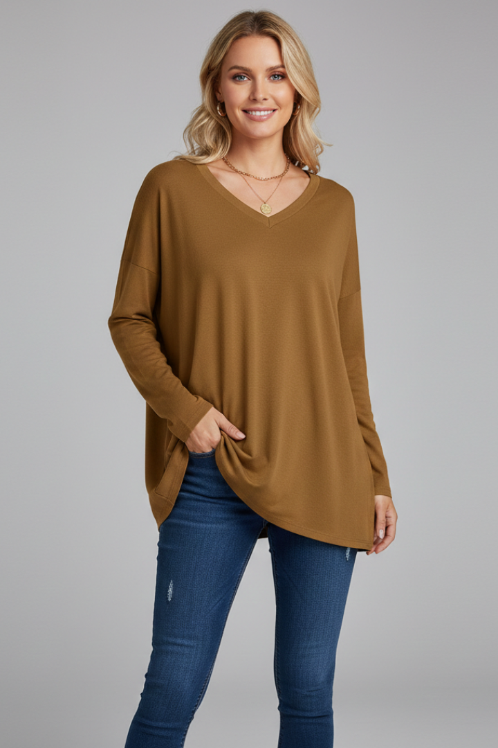 Longsleeve dames met V-hals, losse pasvorm en verlengde zoom 13