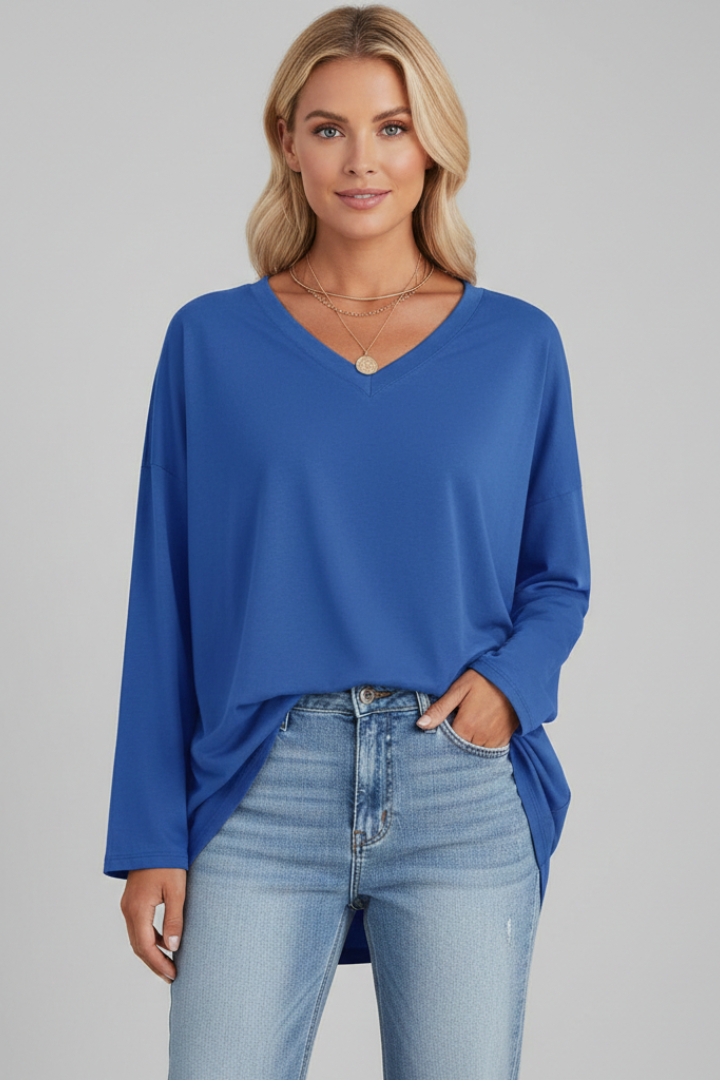 Longsleeve dames met V-hals, losse pasvorm en verlengde zoom 2